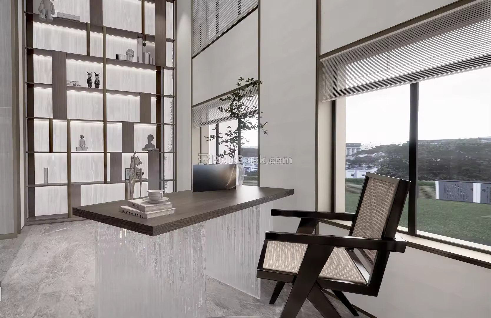 Quiet Office Desk and Chair Studio Rattan Chair Screen Desk Workbench 3d model