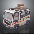 Cute Cartoon Style Mini Van With Wooden Boxes On Roof And Striped Exterior Design
