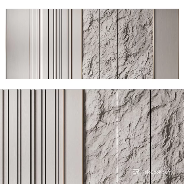 Elegant Modern Background Wall Design with Striped and Stone Textured Panels 3d model 