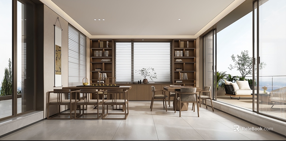 Modern Tea Room Interior with Wooden Bookshelves Large Windows and Wooden Furniture 3d model 
