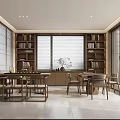Modern Tea Room Interior with Wooden Bookshelves Large Windows and Wooden Furniture