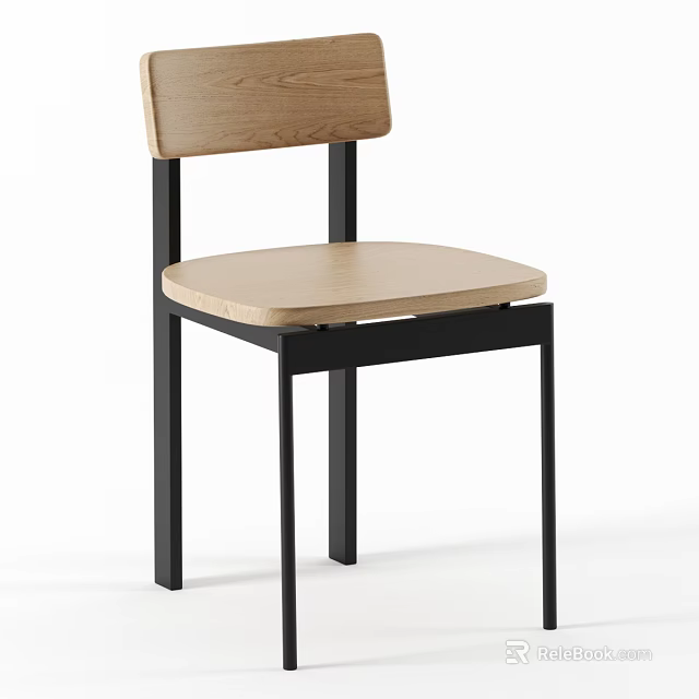 Modern Single Chair With Wooden Seat Backrest And Black Metal Frame 3d model 