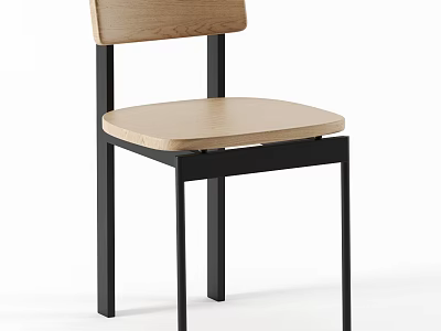 Modern Single Chair With Wooden Seat Backrest And Black Metal Frame 3d model