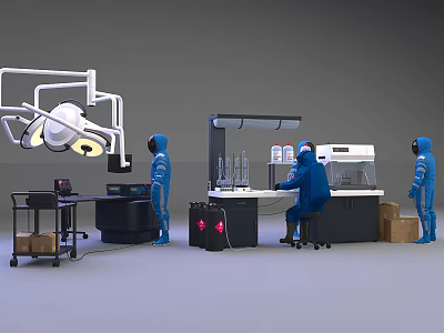 Functional Workstation in Medical Laboratory With Personnel in Blue Protective Suits and Equipment 3d model