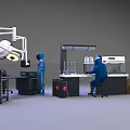 Functional Workstation in Medical Laboratory With Personnel in Blue Protective Suits and Equipment