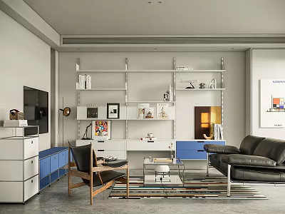 Modern Living Room Interior Design With TV Bookshelves Sofa Coffee Table And Blue Cabinets 3d model