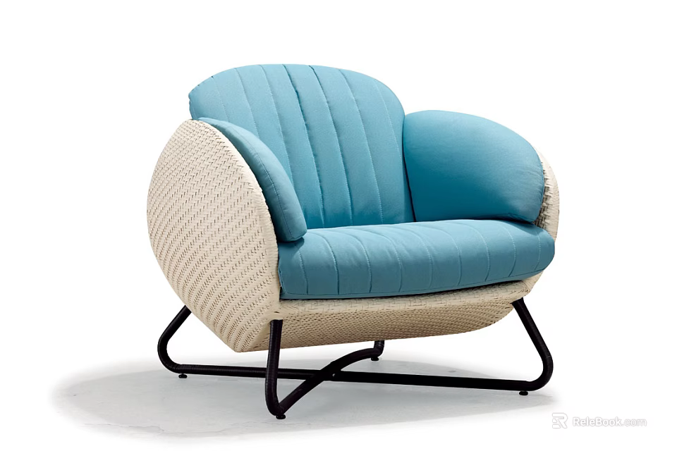 Blue Striped Single Seater Sofa With Beige Woven Armrests And Black Metal Legs 3d model 