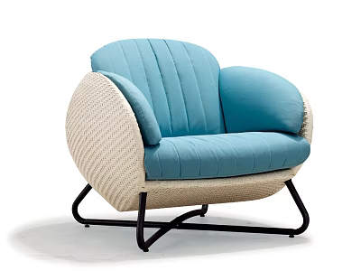 Blue Striped Single Seater Sofa With Beige Woven Armrests And Black Metal Legs 3d model