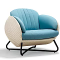 Blue Striped Single Seater Sofa With Beige Woven Armrests And Black Metal Legs