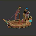 Traditional Wooden Ship Model With Red Sails And Blue Decorative Flags