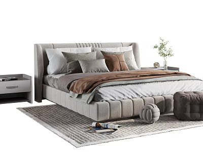 Modern Upholstered Double Bed With Multiple Pillows Blanket Nightstand Vase And Ottoman 3d model