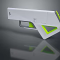 Futuristic White And Green Weapon With Geometric Design Ergonomic Grip And Sleek Reflective Surface