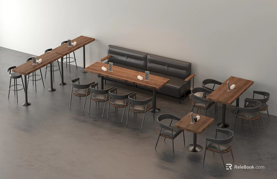 Modern Wooden Dining Table Set With Banquette Sofa And Metal Chairs For Restaurant 3d model 