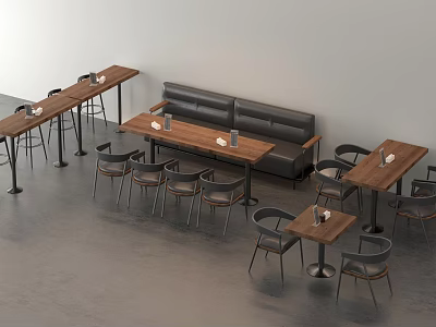 Modern Wooden Dining Table Set With Banquette Sofa And Metal Chairs For Restaurant 3d model
