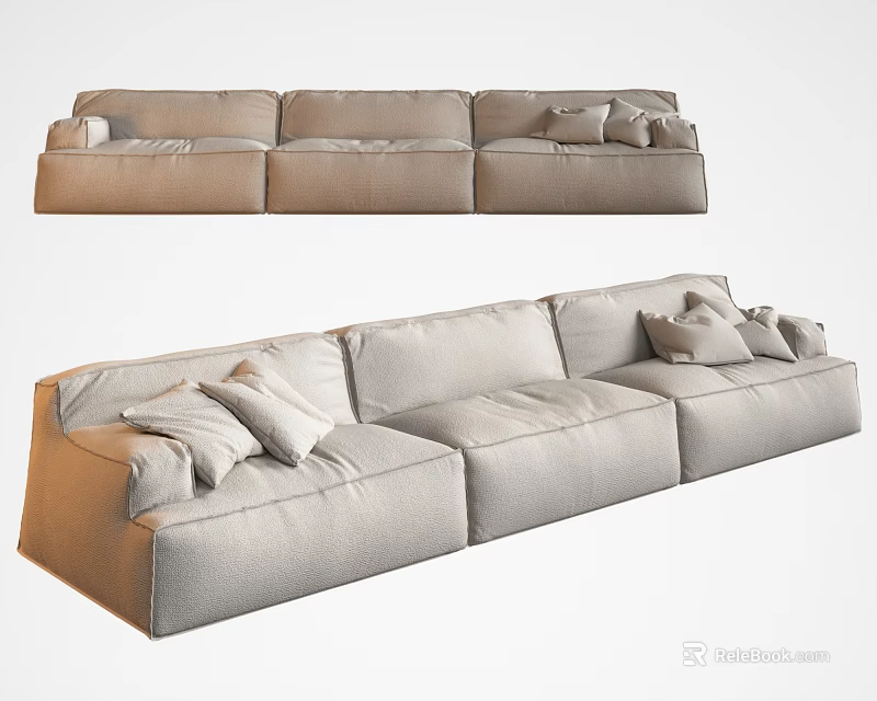 Modern Light Beige Three-Seater Sofa with Plush Fabric and Soft Pillows 3d model