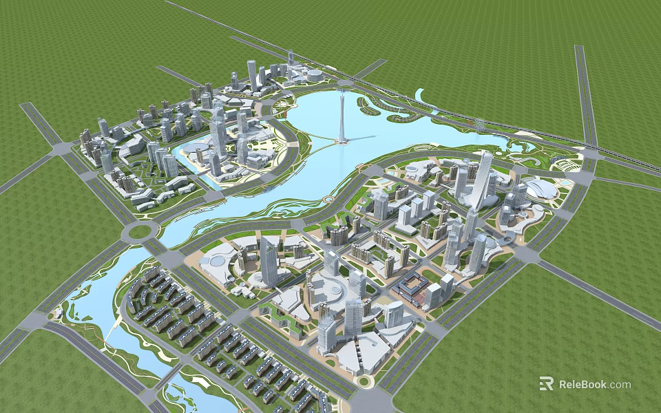 Urban Aerial View Planning Featuring High Rise Buildings Rivers Lakes Green Spaces And Road Networks 3d model 