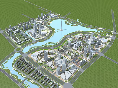 Urban Aerial View Planning Featuring High Rise Buildings Rivers Lakes Green Spaces And Road Networks 3d model
