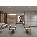Modern Beauty Salon Interior With Comfortable Seats Display Shelves Reception Desk And Soft Lighting
