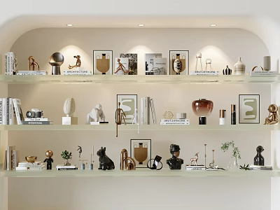 Modern Decorative Ornaments Set On Display Shelves With Sculptures Vases Photo Frames And Books 3d model
