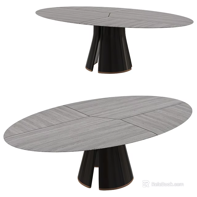 Modern Oval Dining Table With Gray Wood Grain Spliced Tabletop And Black Legs 3d model 