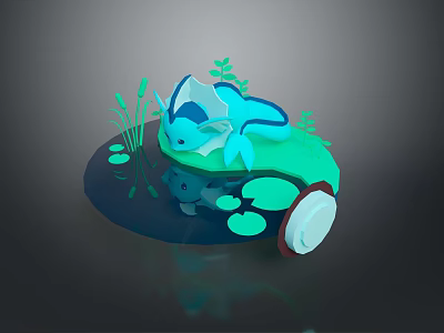 Blue Furred Game Character Sitting On Green Lily Pad With Water Reflection And Grass Plants 3d model