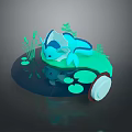 Blue Furred Game Character Sitting On Green Lily Pad With Water Reflection And Grass Plants