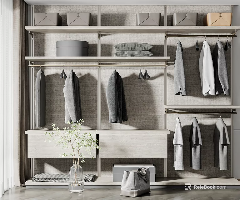 Modern Minimalist Wardrobe Design With Hanging Clothes Storage And Wooden Shelves 3d model 