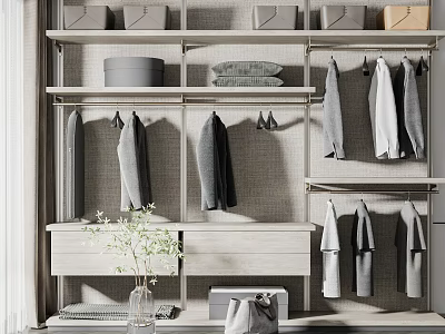 Modern Minimalist Wardrobe Design With Hanging Clothes Storage And Wooden Shelves 3d model