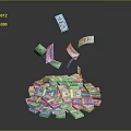 Stack of US Dollar Bills with Flying Currency Notes on Dark Background 3d model