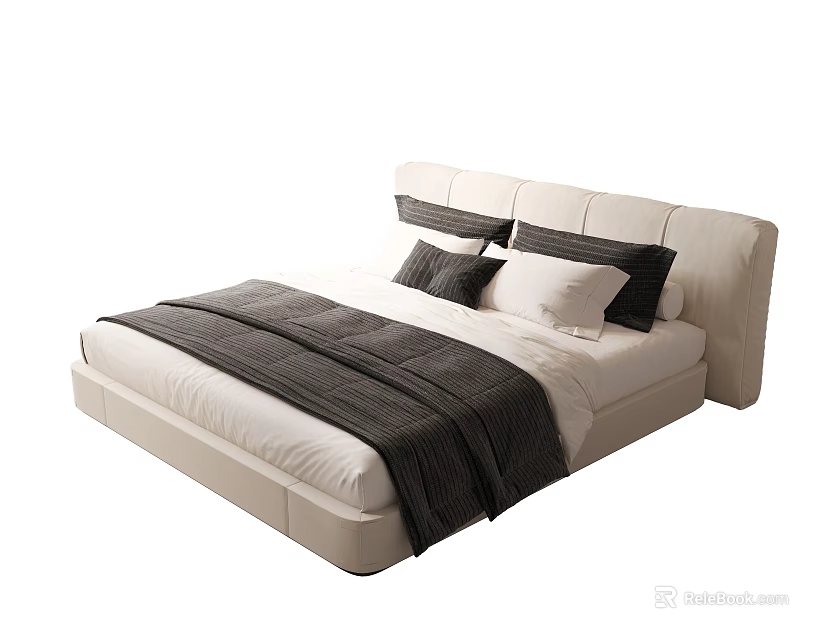 Modern Double Bed With White Headboard Dark Blanket And Pillows 3d model