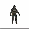 Man In Full Length View Wearing Camouflage Uniform Tactical Vest Helmet And Knee Pads