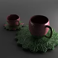 Two Dark Red Cups on Green Leaf Shaped Coasters in Dark Background 3d model