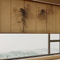 Beige Roller Curtain With Black Tree Pattern For Window Scenic View Interior 3d model