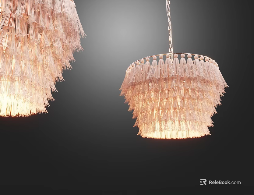 Light Colored Fringed Chandelier With Warm Glowing Light On Dark Background 3d model 