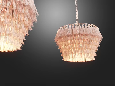 Light Colored Fringed Chandelier With Warm Glowing Light On Dark Background 3d model