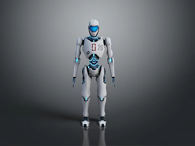 Futuristic White Humanoid Robot With Blue Glowing Accents And 128 Standing On Gray Background 3d model