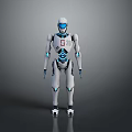 Futuristic White Humanoid Robot With Blue Glowing Accents And 128 Standing On Gray Background