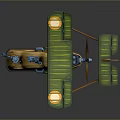 Vintage Biplane 3D Model With Green Wings Brown Fuselage Blue Mechanical Parts And Yellow Lights