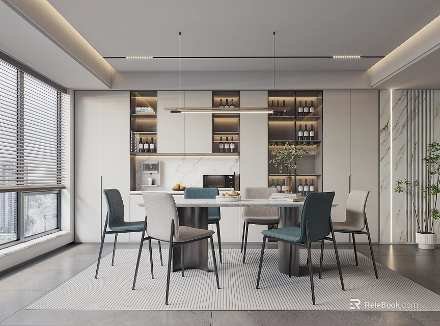 Modern Restaurant Interior Design With Open Layout Dining Table Chairs And Hanging Lights 3d model