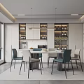 Modern Restaurant Interior Design With Open Layout Dining Table Chairs And Hanging Lights 3d model