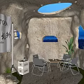 Cave Style Private Box with Circular Skylight Windows Tables Chairs and Plants 3d model
