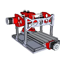 Red And White Industrial Equipment Metal Frame With Circular Holes And Mechanical Components On Workbench