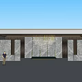 Building Exterior Wall Featuring Green Plant Covered Overhead Marble Panels Yellow Decorations And Pedestrians Walking