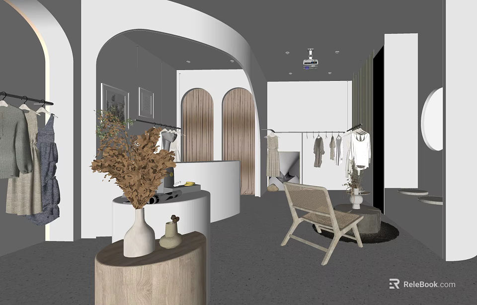 Modern Clothing Store Interior With Arched Doorways Clothes Racks And Wooden Decor 3d model 