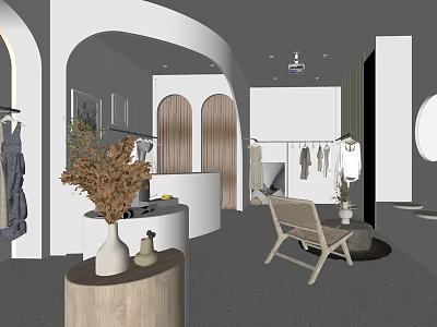 Modern Clothing Store Interior With Arched Doorways Clothes Racks And Wooden Decor 3d model