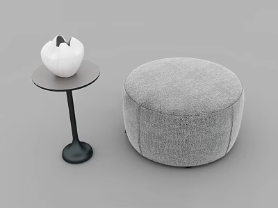 Gray Fabric Round Sofa And Round Coffee Table With Black Base White Decorative Vase Set 3d model