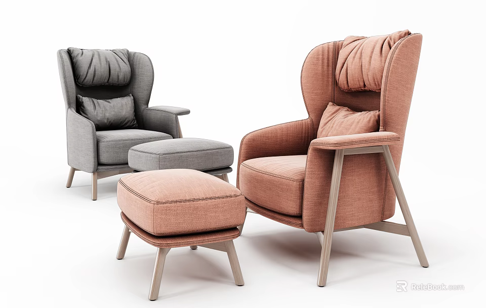 Modern Grey and Orange Single Sofa with Ottoman and Wooden Legs Design 3d model 