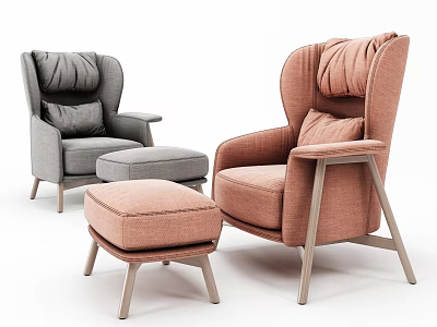 Modern Grey and Orange Single Sofa with Ottoman and Wooden Legs Design 3d model