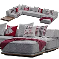 Gray Sectional Sofa With Red Christmas Themed Pillows Bell Patterns And Plaid Blanket 3d model