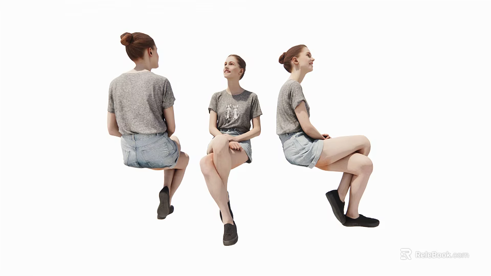 Woman in Different Poses Wearing Grey T-Shirt and Denim Shorts on White Background 3d model 